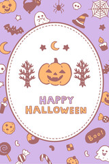 手描き風　ポップでかわいいハロウィンモチーフのフレームデザインテンプレート　（紫）