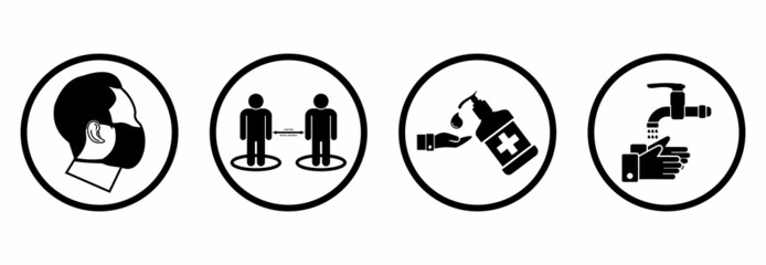 Prevention icons set, symbols Coronavirus Covid 19 pandemic banner. Quality design elements mask, gloves, distance, wash disinfect hands, stay home with editable Stroke