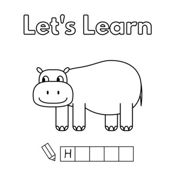 Cartoon hippo learning game for small children - color and write the word. Vector coloring book pages for kids