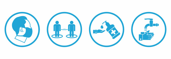 Prevention icons set, symbols Coronavirus Covid 19 pandemic banner. Quality design elements mask, gloves, distance, wash disinfect hands, stay home with editable Stroke