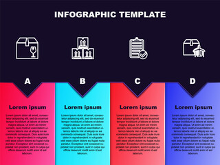 Set line Delivery box with fragile content, Cardboard traffic, Verification of delivery list and Plane and cardboard. Business infographic template. Vector