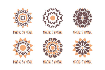 Circular mosaic emblems set. Decorative signs with geometric ornaments. Vector template for logo design