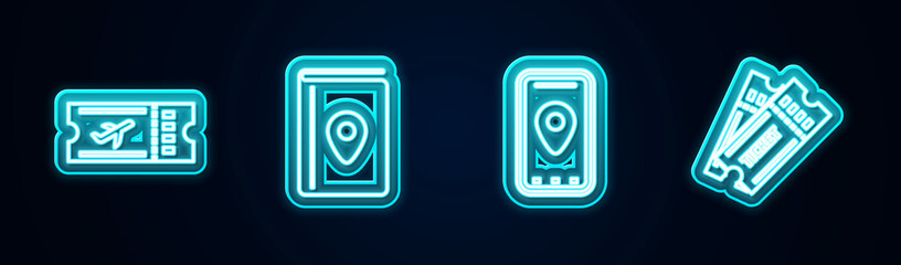 Set line Airline ticket, Cover book travel guide, Infographic of city map and Ticket. Glowing neon icon. Vector