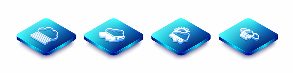 Set Isometric line Fog and cloud, Cloud with rain lightning, Windy weather and snow icon. Vector