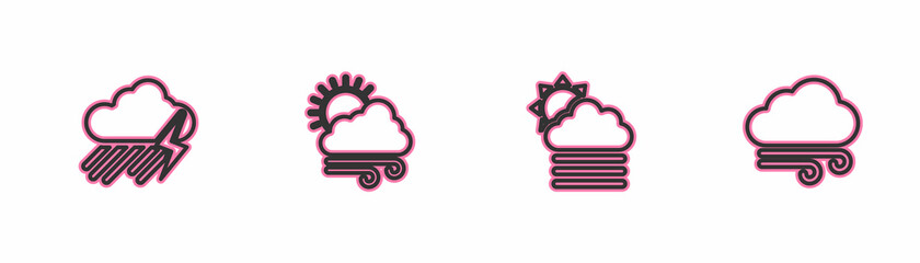 Set line Cloud with rain and lightning, Fog cloud sun, Windy weather and icon. Vector