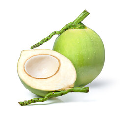 Fresh young green coconut fruit and cut in half slice with green leaf isolated on white background. 