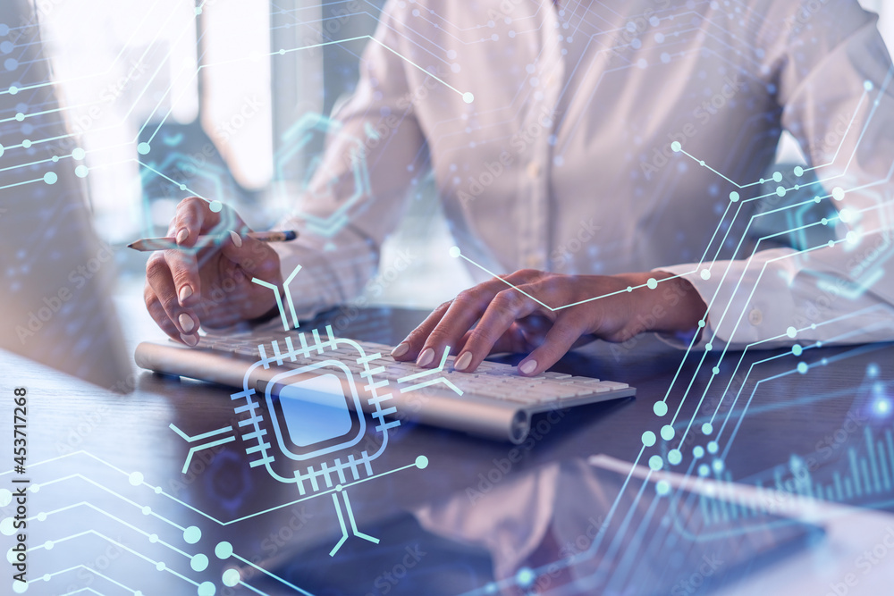 Poster woman typing the keyboard to create innovative software to change the world and provide a completely