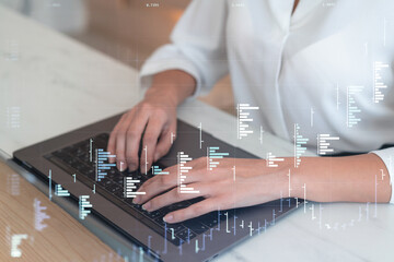 Fototapeta premium Woman typing the keyboard to research stock market to proceed right investment solutions. Internet trading and wealth management concept. Formal wear. Hologram Forex chart over close up shot.