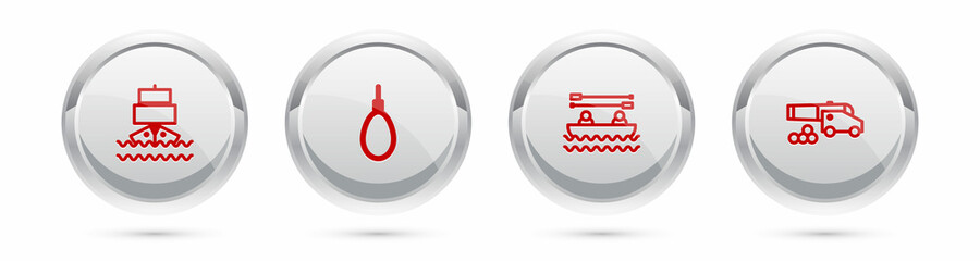 Set line Ship, Gallows rope loop hanging, Boat with oars and Cannon cannonballs. Silver circle button. Vector