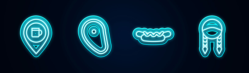 Set line Alcohol or beer bar location, Steak meat, Hotdog sandwich and Braid. Glowing neon icon. Vector