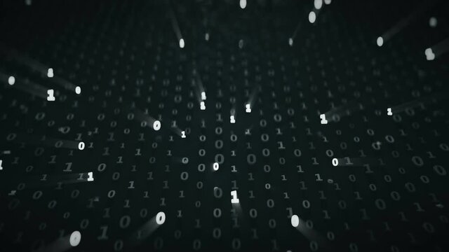 Digital matrix of binary code symbols. Abstract computer generated background. Seamless loop 3D render animation with DOF