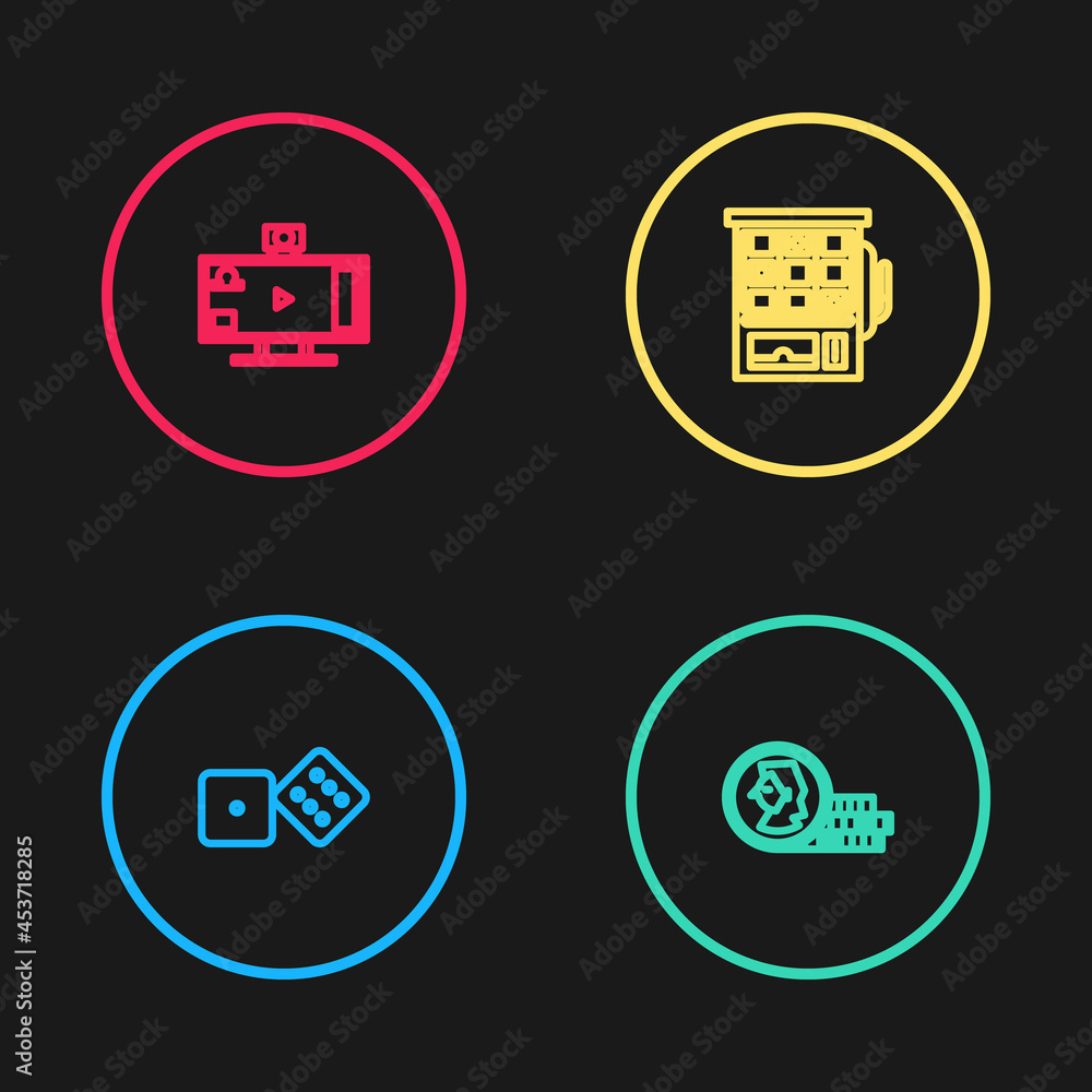 Poster set line game dice, coin for game, slot machine and live streaming online icon. vector