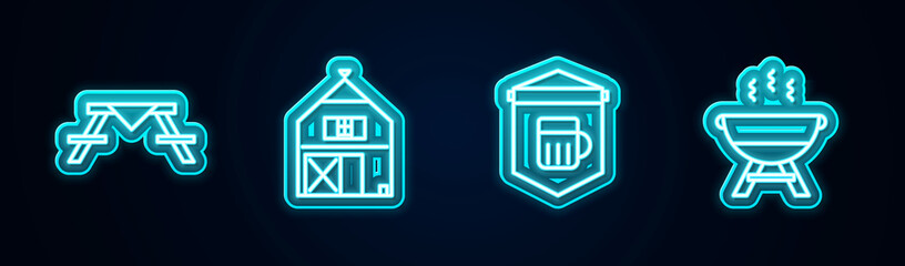 Set line Picnic table with benches, Farm House, Signboard glass of beer and Barbecue grill. Glowing neon icon. Vector