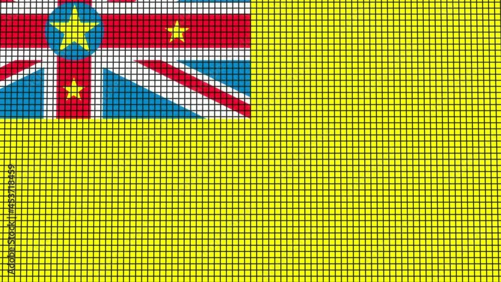 Poster niue flag animated in pixel grid style technology background
