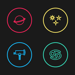 Set line Telescope, Cancer zodiac, Falling star and Planet Saturn icon. Vector