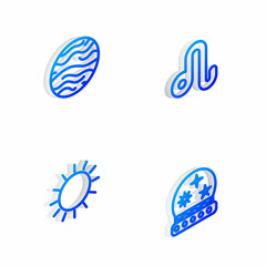 Set Isometric line Leo zodiac, Planet Venus, Sun and Magic ball icon. Vector