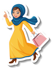 Sticker cartoon character of muslim woman holding bag on white background