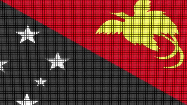 Papua New Guinea Flag animated in pixel grid style technology background