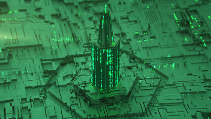 Digital tower of glowing green HEX code 3D render illustration