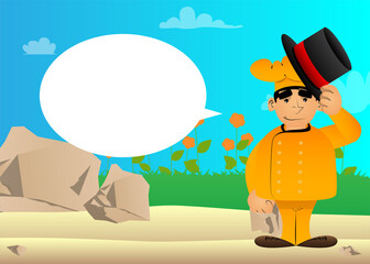 Fat male cartoon chef in uniform tipping his hat. Vector illustration.