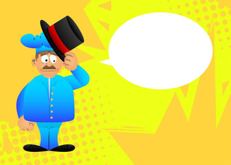 Fat male cartoon chef in uniform tipping his hat. Vector illustration.
