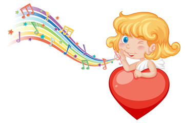 Cupid angel character with melody symbols on rainbow