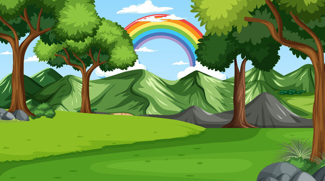 Nature scene background with rainbow in the sky