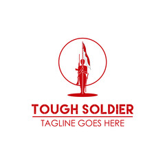 soldier armed military people standing and hold a flag in spear for simple flat character independence day honor tribute logo design vector icon