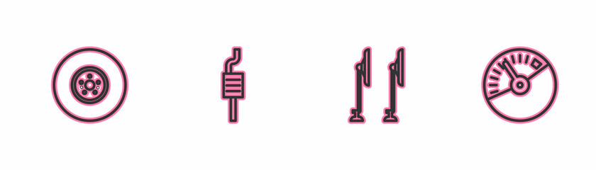 Set line Car brake disk, Windscreen wiper, muffler and Speedometer icon. Vector