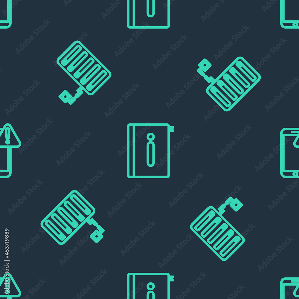 Aufkleber set line user manual, server and mobile with exclamation mark on seamless pattern. vector