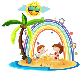 Obraz na płótnie Canvas Rainbow on the island with children building sand castle