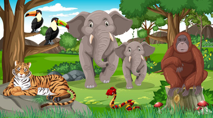 Elephant family with other wild animals in forest scene