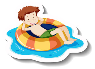 Young man laying on swimmimg ring cartoon sticker