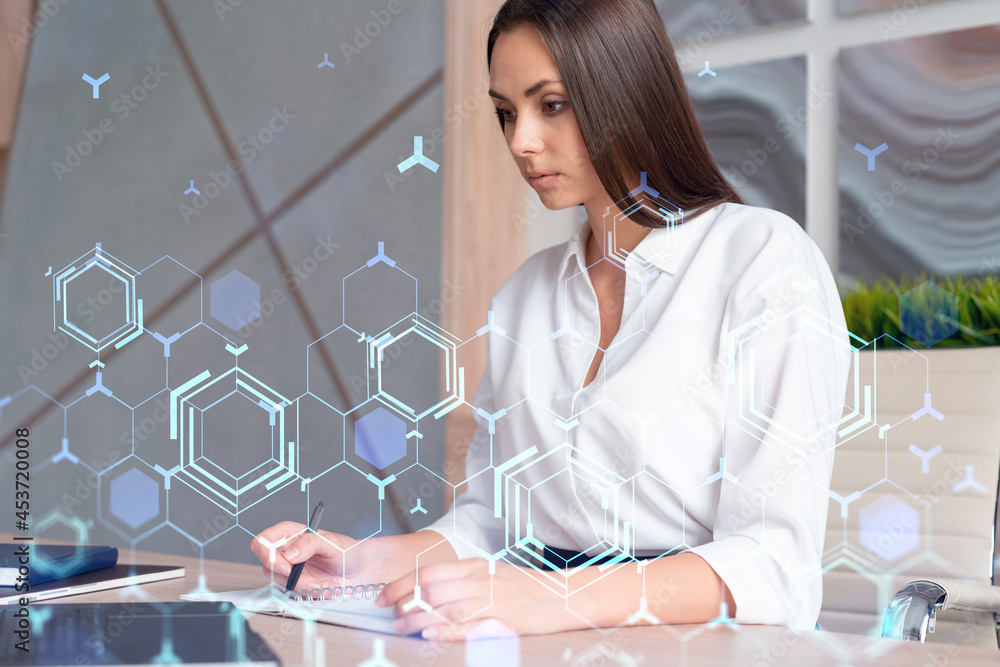 Aufkleber portrait of attractive businesswoman in formal wear working with documents and thinking how to optim