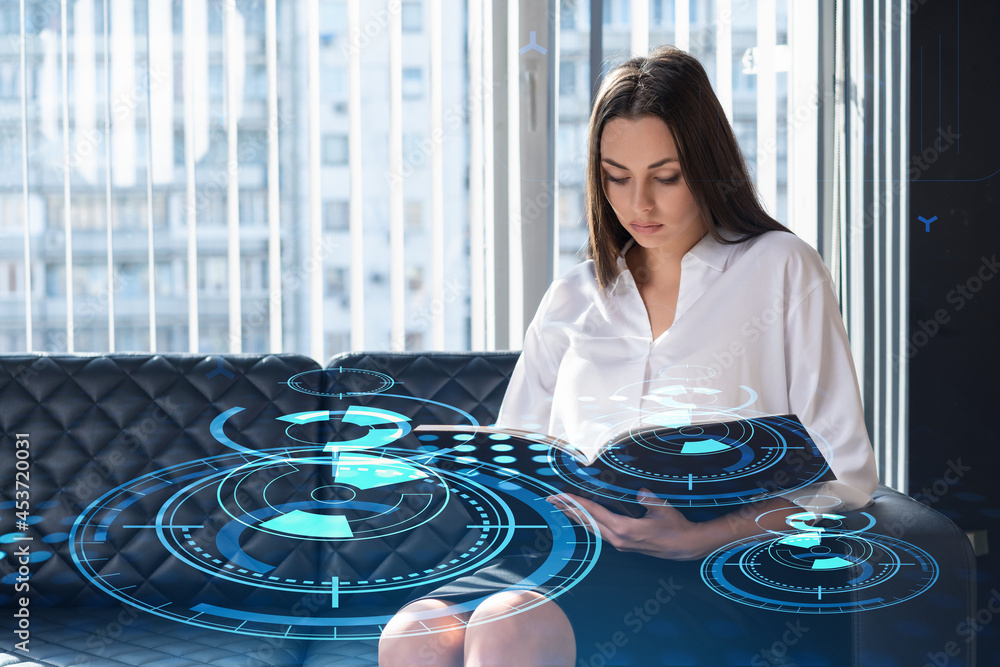 Aufkleber portrait of attractive businesswoman in formal wear working with documents and thinking how to optim