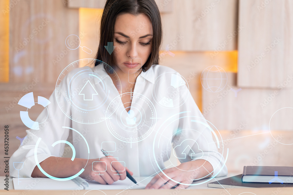 Poster portrait of attractive businesswoman in formal wear working with documents and thinking how to optim