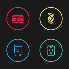 Set line Trash can, Stop ocean plastic pollution, Hands holding Earth globe and garbage cans sorted icon. Vector