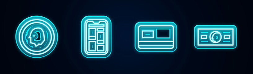 Set line Coin money, Online shopping phone, Credit card and Paper cash. Glowing neon icon. Vector