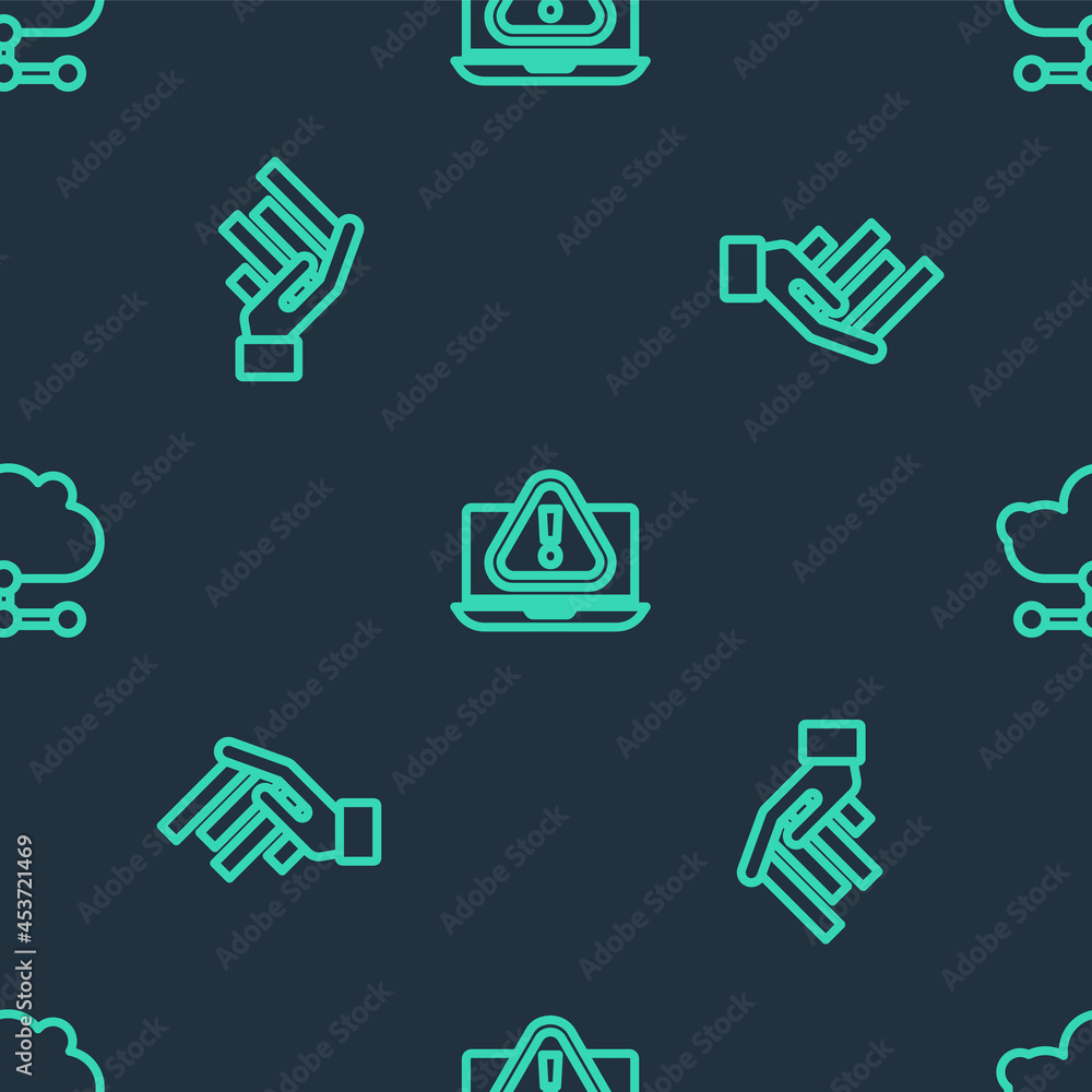 Poster set line laptop with exclamation mark, pie chart infographic and network cloud connection on seamles