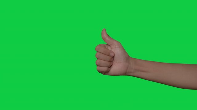 Woman hands making gestures, perfect, peace, fist, zoom in, on chroma key green screen background.