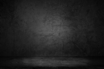 Empty interior room and floor concrete with old brick wall dark for background. Texture of old dark concrete wall with scratches and cracks