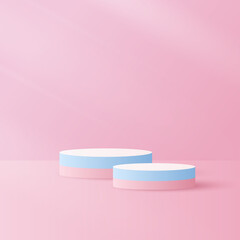 Podium platform to show product and natural light on pink background. Paper cut and craft style illustration