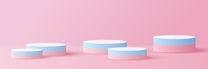 Podium platform to show product and natural light on pink background. Paper cut and craft style illustration