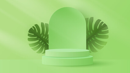 Podium platform to show product with tropical leaves on green background. Paper cut and craft style illustration