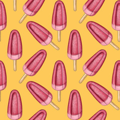 Illustration digital drawing ice cream seamless pattern of different shapes and colors on a yellow background. High quality illustration