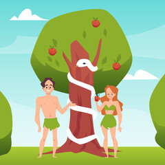 Temptation of Adam and Eve with forbidden fruit, flat vector illustration. - obrazy, fototapety, plakaty