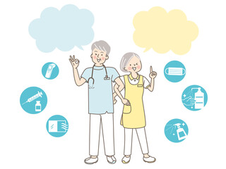 腕を組んで笑顔のシニア医療専門家と医療アイコン