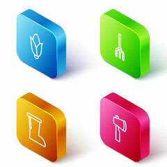 Set Isometric line Corn, Garden pitchfork, Waterproof rubber boot and Wooden axe icon. Vector