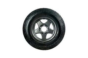 All terrain tire designed for use in all road conditions with alloy wheel isolated on white...