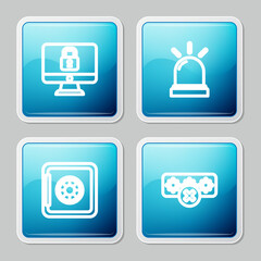 Set line Lock on computer monitor, Motion sensor, Safe and Password protection icon. Vector